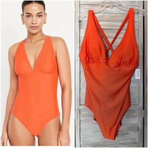 Old Navy one piece swimsuit orange plunge neckline Medium tie back